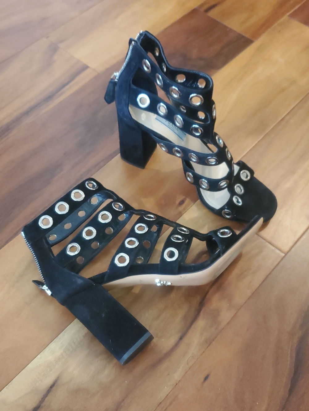 Prada Black Suede Grommet Strappy Block Heel Sandals 38